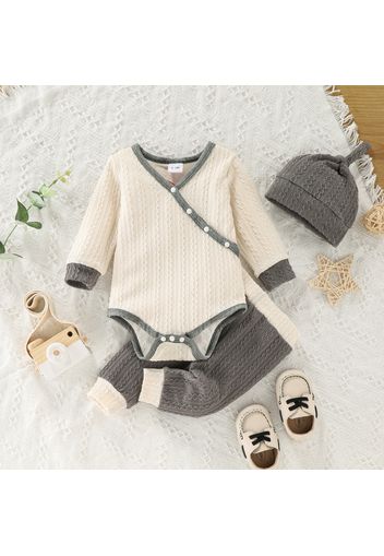 3-piece Baby Girl/Boy Surplice Neck Colorblock Long-sleeve Romper, Pants and Knotted Cap Set