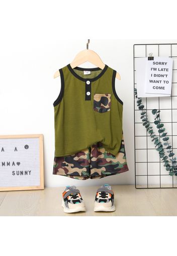 2pcs Toddler Boy Camouflage Print Button Pocket Design Tank Top and Elasticized Shorts Set