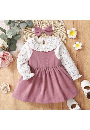 100% Cotton 2pcs Baby Girl Rabbit Print Ruffle Collar Long-sleeve Splicing Dress