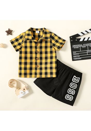 2-piece Toddler Boy Plaid Lapel Collar Short-sleeve Shirt and Letter Print Black Shorts Set