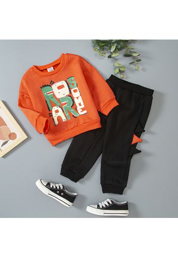 2pcs Toddler Boy Letter Dinosaur Print Pullover Sweatshirt and Spike Design Pants Set