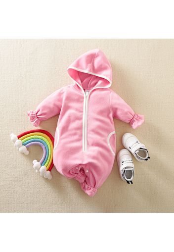 Baby Solid Long-sleeve Hooded Fleece Zip Jumpsuit