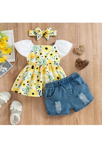 Cotton 3pcs Baby Girl Short-sleeve Sunflower Floral Print Top and Ripped Denim Shorts with Headband Set