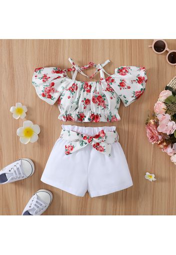 2pcs Baby Girl 100% Cotton Belted Shorts and Floral Print Spaghetti Strap Short-sleeve Crop Top Set