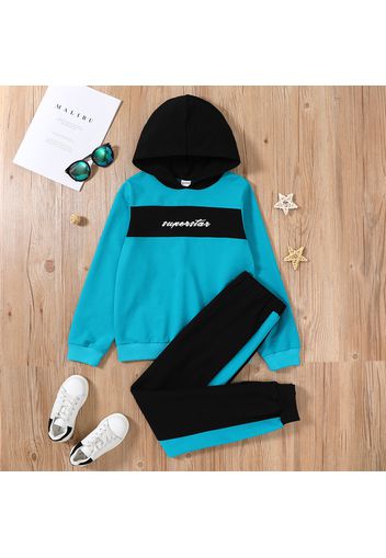 2-piece Kid Boy Letter Print Colorblock Hoodie Sweatshirt and Pants Casual Set