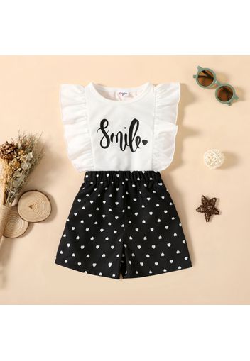 2pcs Toddler Girl Letter Print Ruffled White Sleeveless Tee and Polka dots Shorts Set