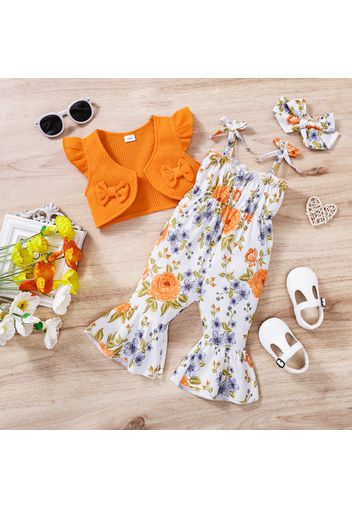 3pcs Baby Girl Solid Waffle Flutter-sleeve Bowknot Cardigan and Floral Print Cami Jumpsuit with Headband Set