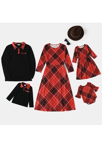 Christmas Red Plaid Family Matching 3/4 Sleeve Dresses and Polo Shirts Sets