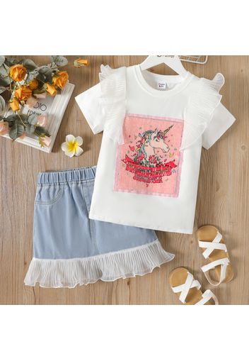 2pcs Kid Girl Unicorn Sequin Embroidered Mesh Design Short-sleeve White Tee and Denim Skirt Set