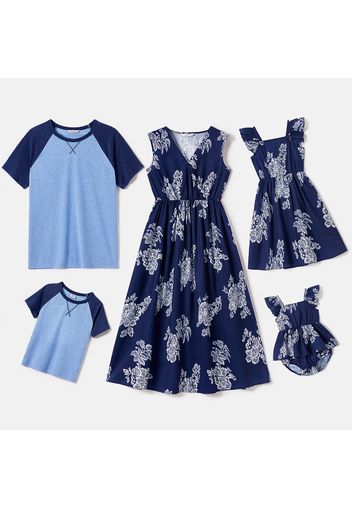 Family Matching Floral Print Blue V Neck Sleeveless Dresses and Short Raglan Sleeve T-shirts Sets