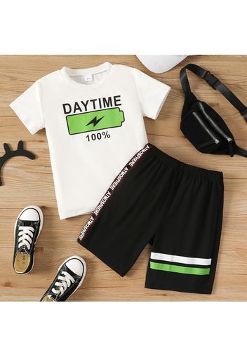 2pcs Kid Boy Funny Battery Charge Letter Print Short-sleeve Tee and Striped Shorts Set