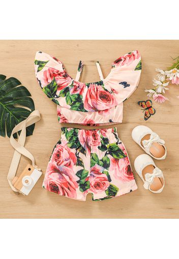 2pcs Baby Girl Floral Print Pink Off Shoulder Spaghetti Strap Ruffle Crop Top and Shorts Set