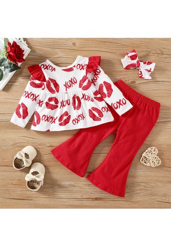 3pcs Baby Girl 95% Cotton Flared Pants and Allover Red Lips & Letter Print Ruffle Trim Long-sleeve Top with Headband Set