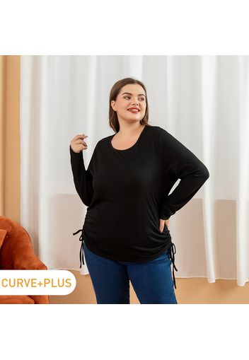 Women Plus Size Basics Drawstring Long-sleeve Black Tee