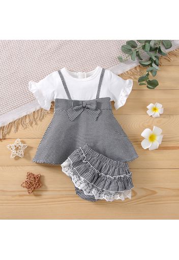 2pcs Baby Girl Flare-sleeve Splicing Plaid Bowknot Top and Lace Ruffle Shorts Set