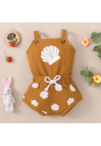 100% Cotton 2pcs Baby Boy/Girl Shell Print Sleeveless Waffle Romper and Shorts Set