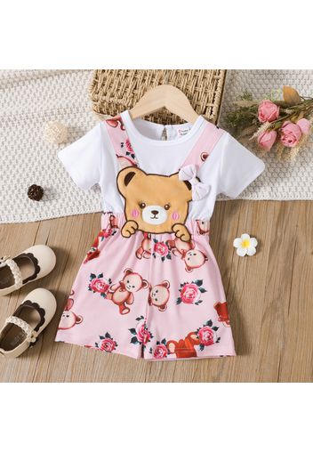 Toddler Girl Faux-two Cute Bear Floral Print Bowknot Design Short-sleeve Rompers