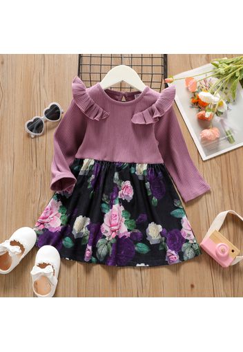 Toddler Girl Ruffled Ribbed Floral Print Splice Long-sleeve Dress