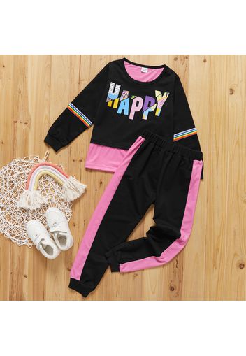 2-piece Kid Girl Letter Print Striped Colorblock Pullover and Elasticized Pants Casual Set