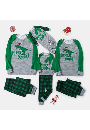 Christmas Dinosaur and Letter Print Family Matching Raglan Long-sleeve Green Plaid Pajamas Sets