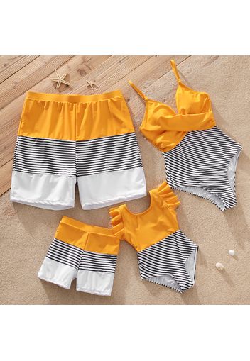 Family Matching Striped Colorblock Swim Trunks Shorts and Spaghetti Strap Splicing One-Piece Swimsuit