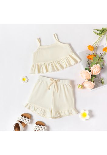 2-piece Toddler Girl Solid Color Ribbed Ruffled Camisole and Elasticized Shorts Set