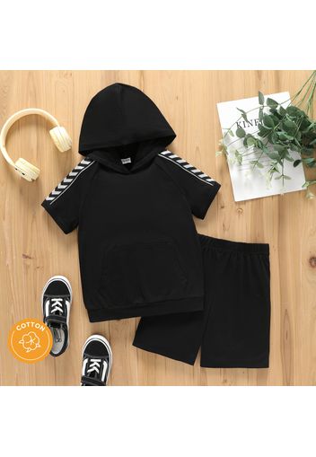 2pcs Kid Boy Striped Hooded Short-sleeve Cotton Black Tee and Elasticized Shorts Set