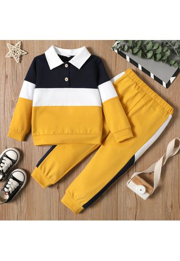 2-piece Toddler Boy Colorblock Long-sleeve Polo Shirt and Pants Casual Set