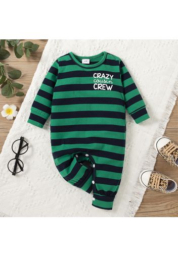 Baby Girl/Boy Stripe and Letter Print Long-sleeve Cotton Jumpsuit