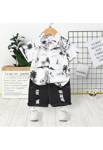 2pcs Toddler Boy Trendy Ripped Denim Shorts and Lapel Collar Floral Print Tee Set