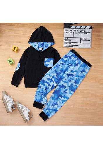 2-piece Kid Boy Blue Camouflage Print Hoodie with Pocket and Blue Camouflage Pants Set