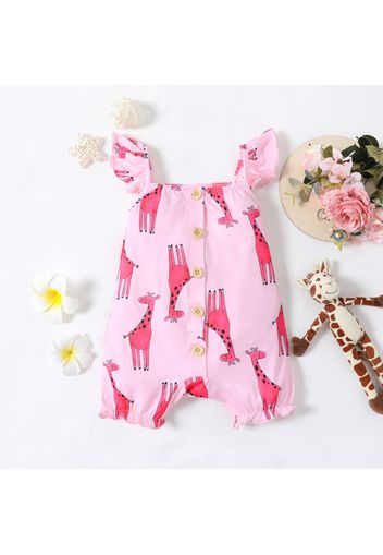 Baby Girl Allover Cartoon Giraffe Pink Flutter-sleeve Button Romper