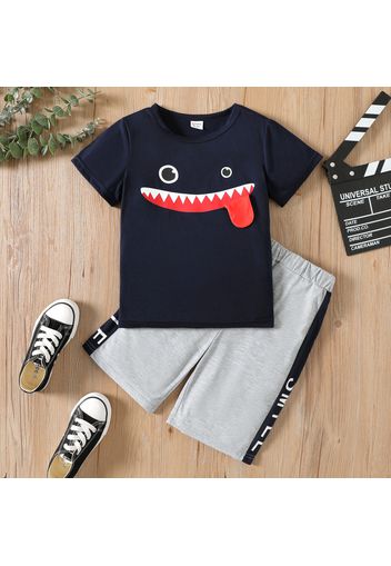 2pcs Kid Boy Emojis Print Short-sleeve Tee and Letter Print Elasticized Shorts Set