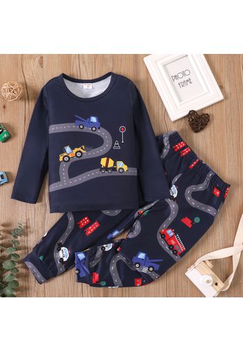 2-piece Toddler Boy Vehicle Road Print Dark Blue Long-sleeve Top and Pants Casual Set