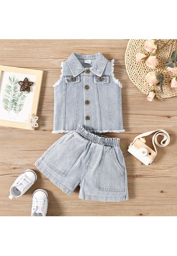 2pcs Baby Girl Button Up Sleeveless Denim Vest and Shorts Set