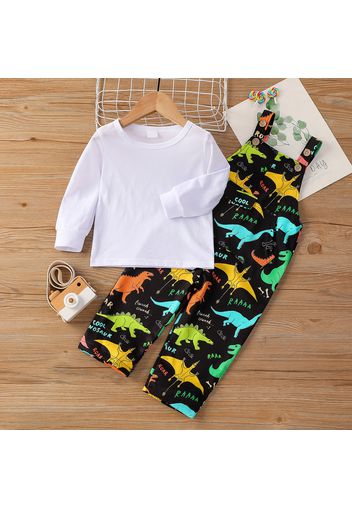 2-piece Toddler Boy Long-sleeve White T-shirt and Button Design Dinosaur Print Overalls Set