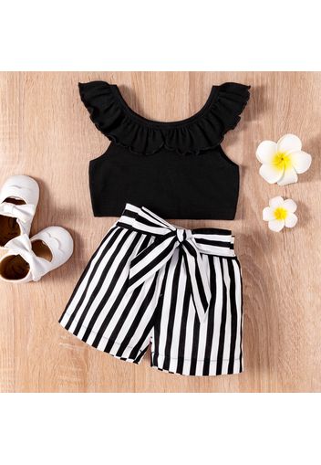 2pcs Baby Girl Black Ruffle Sleeveless Crop Top and Striped Shorts Set