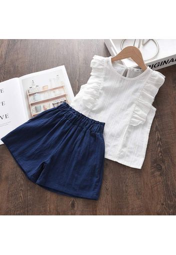 2-piece Toddler Girl 100% Cotton Ruffled White Sleeveless Top and Dark Blue Shorts Set