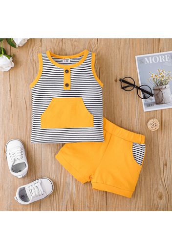 2pcs Baby Boy Yellow Splicing Striped Sleeveless Tank Top and Shorts Set