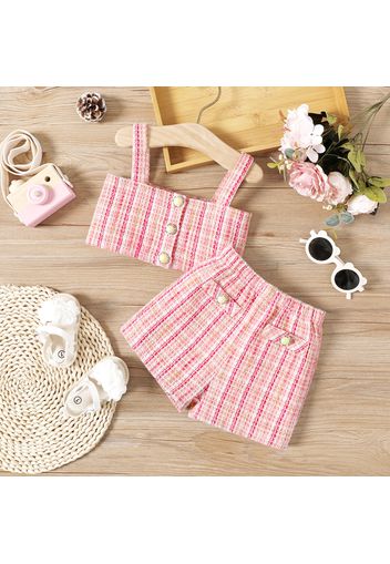 2pcs Baby Girl Button Front Pink Tweed Cami Top and Shorts Set