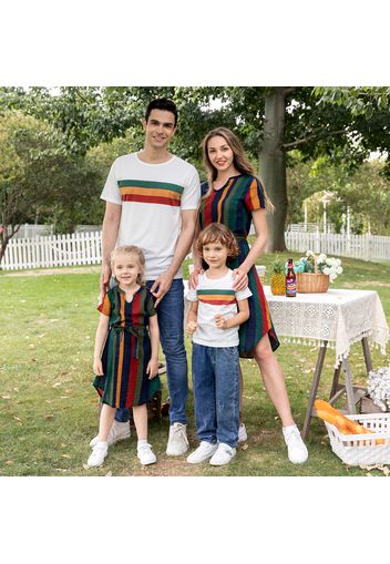 Colorblock Striped Short-sleeve Family Matching Sets(Belted Midi Dresses and T-shirts)