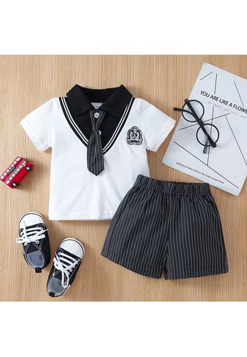 2pcs Baby Boy Preppy Style Necktie Faux-two Short-sleeve Top and Striped Shorts Set