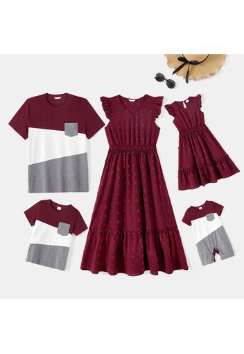 Family Matching Solid Swiss Dot Frill Trim Flutter-sleeve Dresses and Colorblock Short-sleeve T-shirts Sets