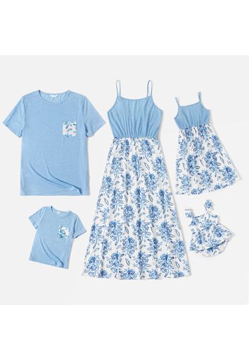 Family Matching Blue Spaghetti Strap Splicing Floral Print Midi Dresses and Short-sleeve T-shirts Sets