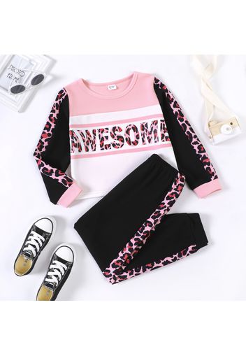 2-piece Kid Girl Letter Leopard Print Colorblock Hoodie Sweatshirt and Elasticized Pants Set