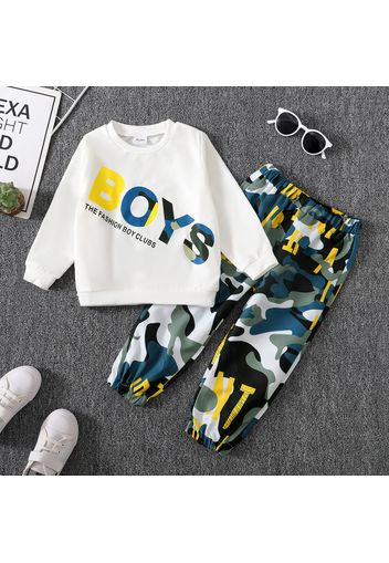 2pcs Toddler Boy Letter Print White Pullover Sweatshirt and Camouflage Print Pants Set