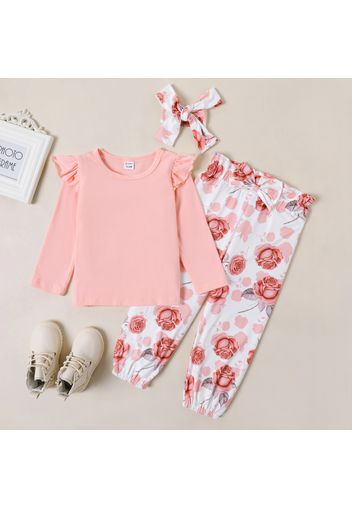 3-Pack Toddler Girl Graphic Floral Print Ruffle Long-sleeve Tee Pants Set