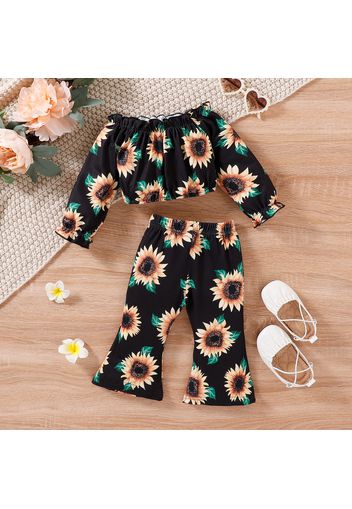 2pcs Baby Girl Allover Sunflower Floral Print Off Shoulder Long-sleeve Crop Top and Flared Pants Set