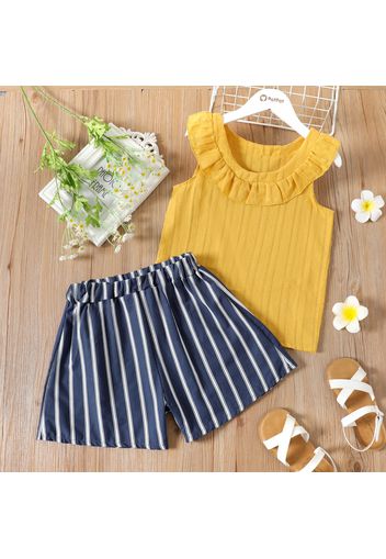 2-piece Kid Girl Flounce Sleeveless Solid Color Tee and Elasticized Stripe Shorts Set