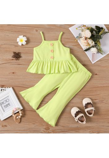 2pcs Baby Girl Solid Spaghetti Strap Peplum Top and Flared Pants Set